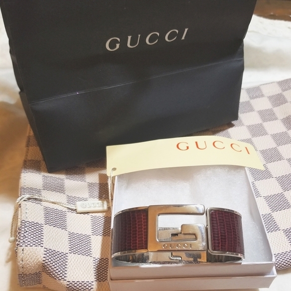GUCCI Logo Alligator Leather Silver Clamper Bangle Bracelet - Picture 7 of 8